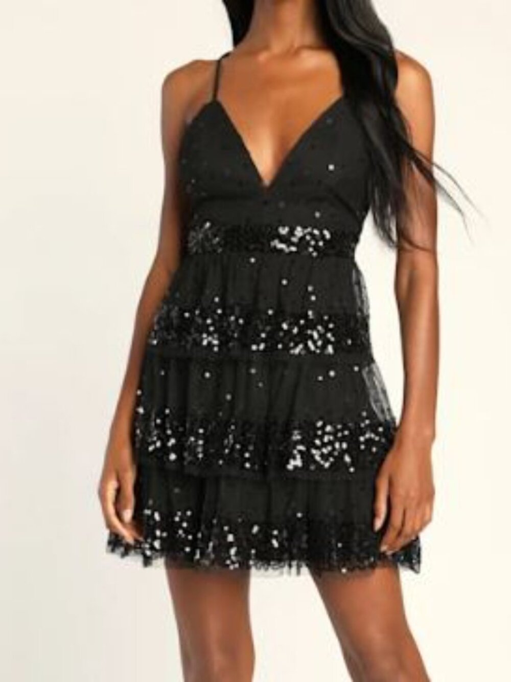 Reflect Radiance Black Tulle Sequin Tiered Mini Dress Size L